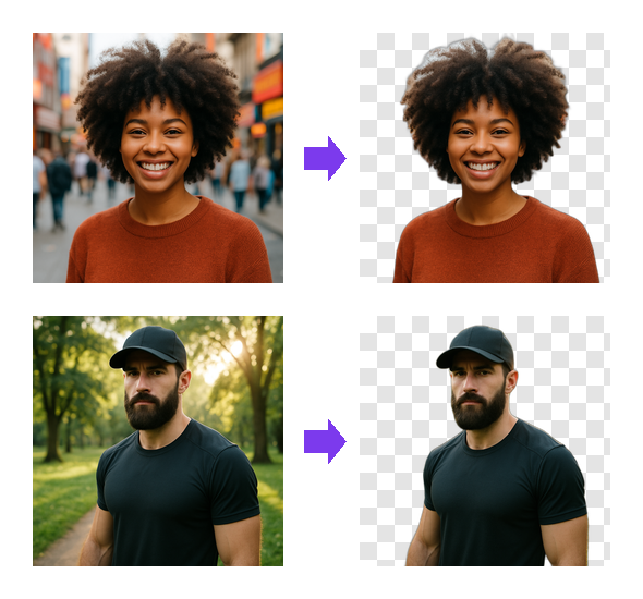 Photo before and after background removal, showing a transparent PNG result